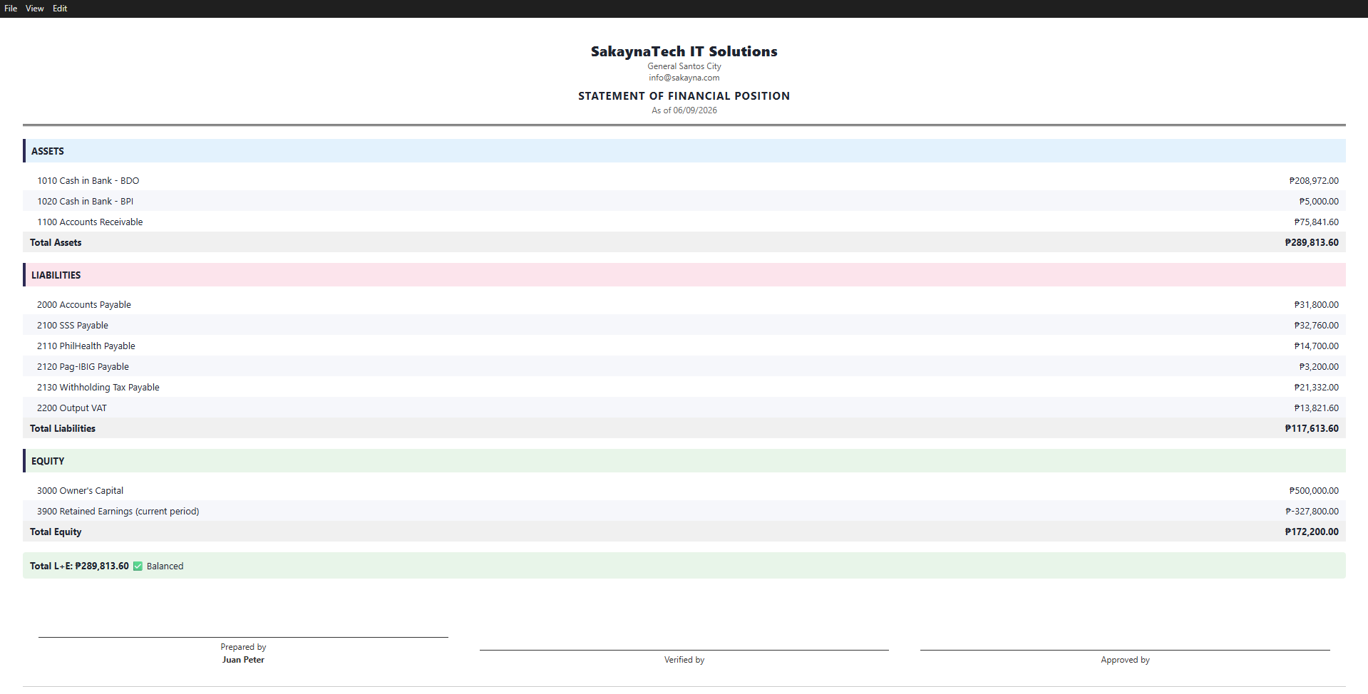 AccountingPro — Statement of Financial Position, BIR-ready and always balanced