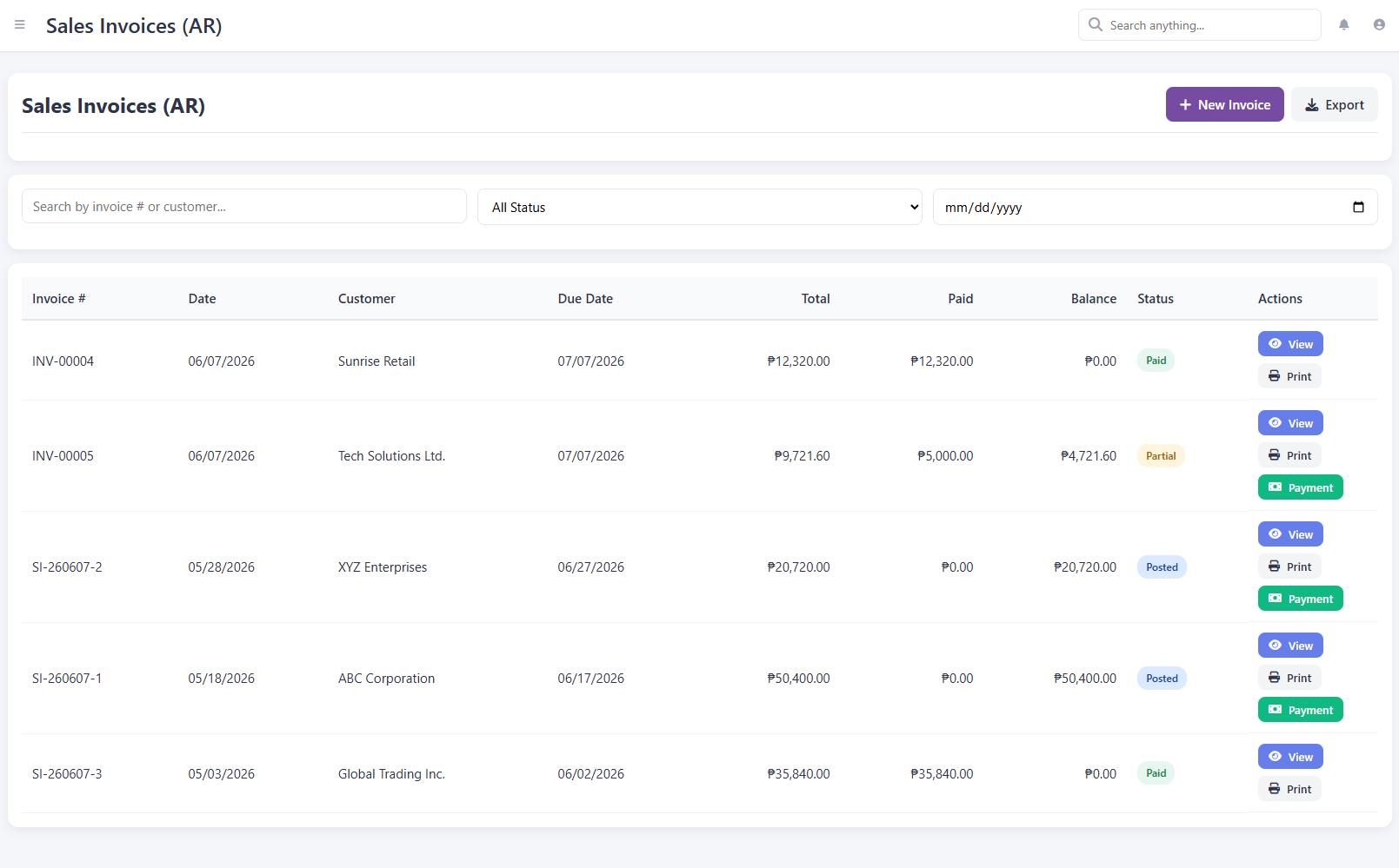 AccountingPro — Sales Invoices (AR): invoice, collect, track balances