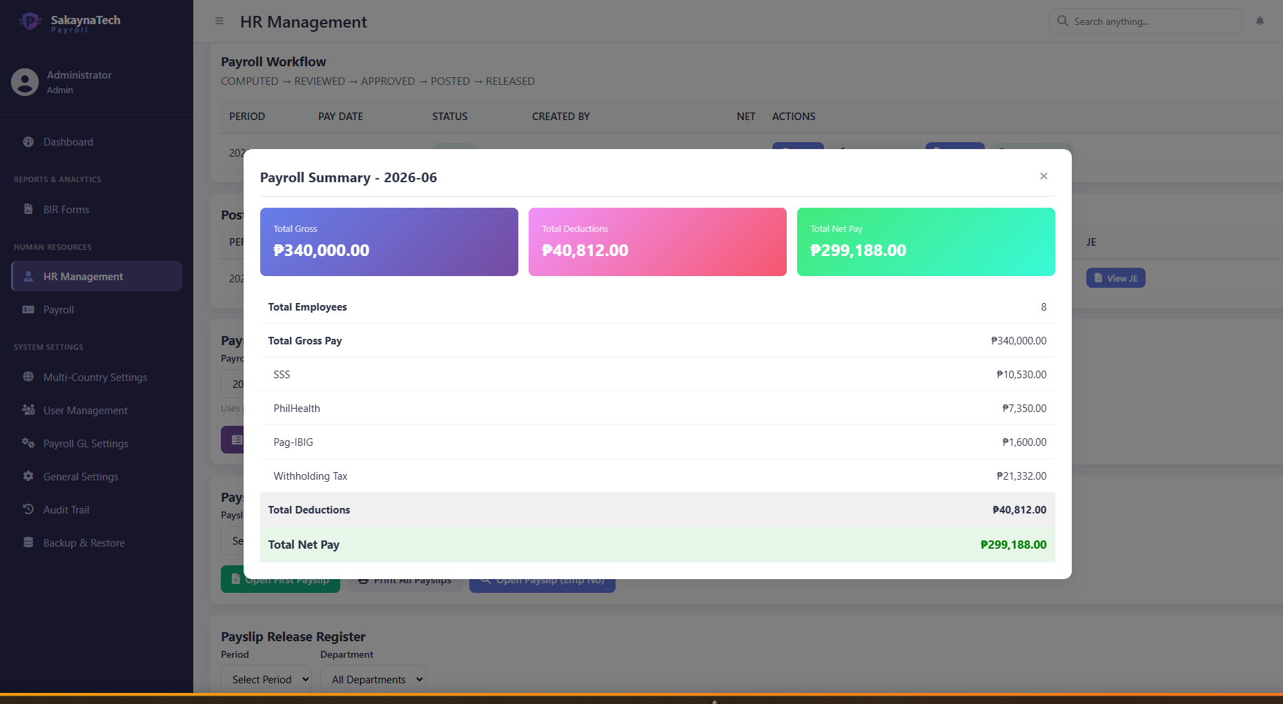 SakaynaTech Payroll — payroll summary with SSS, PhilHealth, Pag-IBIG, tax and net pay