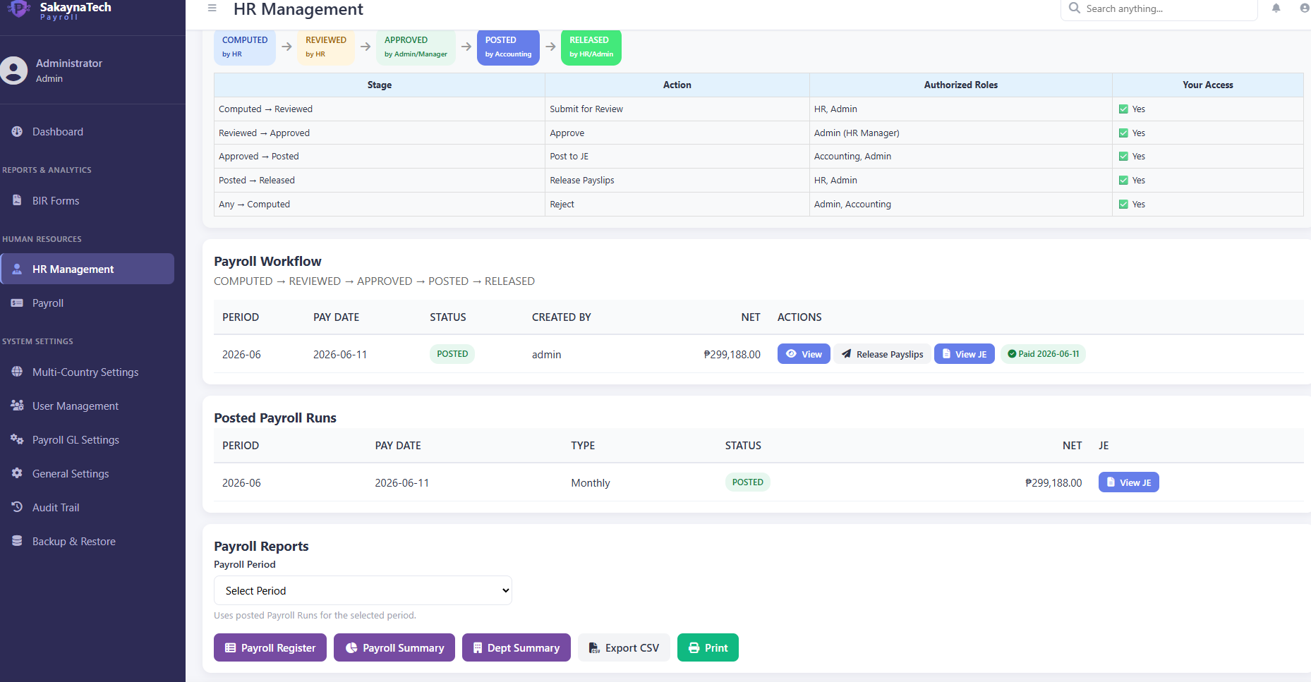 Payroll workflow with approval matrix — Computed, Reviewed, Approved, Posted, Released