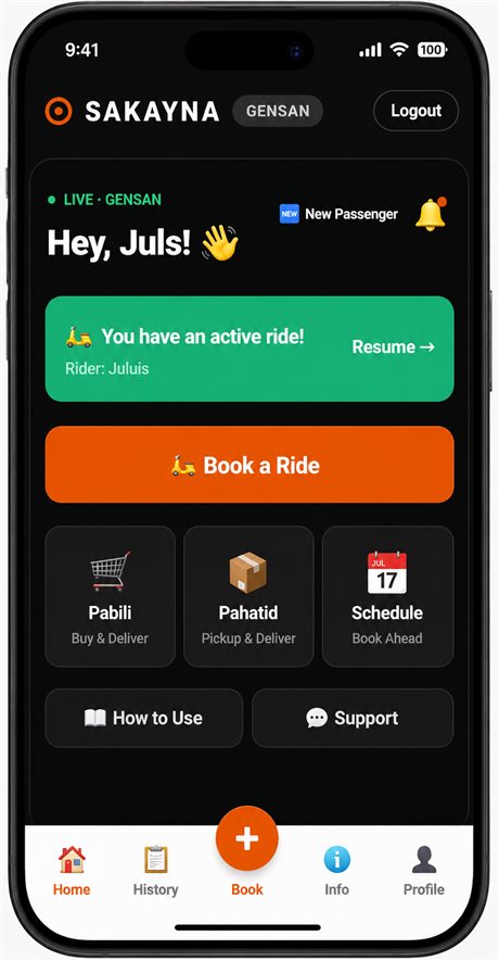 Sakayna — passenger home with active ride, Book a Ride, Pabili and Pahatid