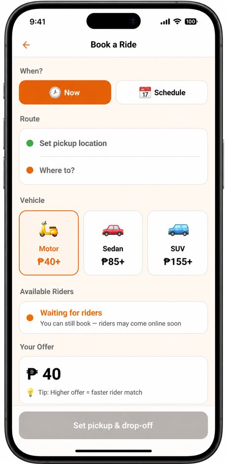 Sakayna — Book a Ride: vehicle choice, your offer, transparent fixed pricing