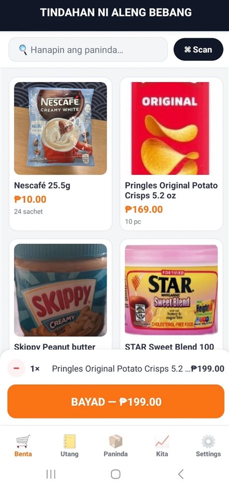 SariKita — Benta: product grid with photos and cart, tap to sell